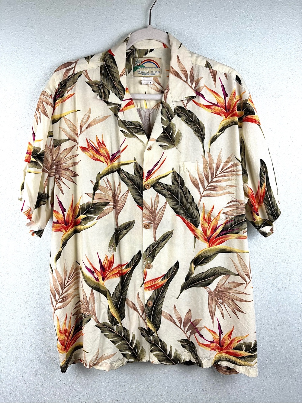 VTG Paradise Found Tan Hawaiian Floral Tropical Shirt, Size L